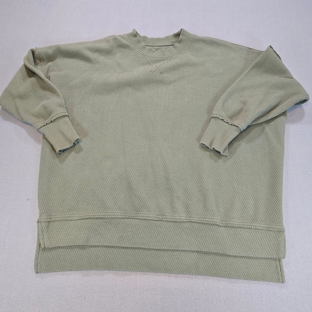 Aerie Sweatshirt Women S/P Sage Green Waffle Knit Oversized Raw Edge High-Low